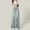 Elegantes jeans de tiro alto azul claro de pierna ancha estrecha para mujer, pantalones largos rectos holgados de nuevo estilo americano de moda con una bonita caída