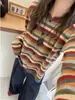 Top cárdigan a rayas de cuello redondo para mujer, adelgazante, abrigo casual estilo francés, holgado y versátil para primavera y otoño, prenda exterior de punto