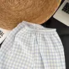 Nuevo Pijama de Cuadros Azules Adorable Perrito Celebridad de Internet Talla Grande para Mujer, Estilo Primavera y Verano, Se Puede Usar Afuera, Conjunto de Tres Piezas Holgado para Casa