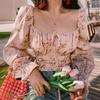 Sexy Pure Desire Gola Quadrada Floral Bubble Sleeve Feminino Europeu e Americano Design Sense Cintura Alta Curto Cropped Manga Comprida T-shirt Top Trendy