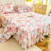 Saia de Cama de Algodão Puro com Acabamento de Renda Estilo Coreano Peça Única Todo Algodão Lençol de Cama de Verão Cobertura de Cama Universal para Todas as Estações Conjunto de Três Peças Estilo Princesa