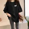Nova Camiseta de Verão 2025 com Gola Redonda, Mangas Curtas Largas para Mulheres Estudantes, Blusa Casual Estampada de Comprimento Médio para Mulheres