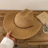 Chapéu de Palha Trançado Vazado Primavera e Verão para Mulheres, Aba Larga Proteção Solar, Versátil para Férias na Praia e Passeios, Chapéu de Cowboy Ocidental