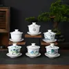 Porcelana Blanca con un Brillo Similar al Jade, Se Puede Colgar y Girar, Juego de Tazón con Tapa de Tres Piezas, Juego de Té Cerámico de Alta Gama Anti-Quemaduras, Tazón de Té, Taza de Té Individual