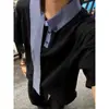 Camiseta Manga Curta Estilo Retrô Americano com Gola Patchwork, Unissex, Design Verão 2025 com Fita, Caimento Solto Camiseta para Casal