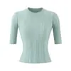 Top Delgado Elegante de Manga Media de Verano de Alta Gama Camisa de Punto Redonda Retro Francesa Camiseta de Media Manga para Mujer