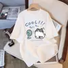 Camiseta de Manga Corta con Estampado de Dibujos Animados de Algodón Peinado para Mujer, Blanca Verano Nuevo Estilo, Camiseta Top de Diseño Holgado Talla Grande