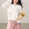 Cárdigan de punto hecho a mano, versátil y suave, estilo coreano, con bordado floral y cuello redondo, nuevo suéter de otoño e invierno con lazo para mujer