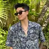 Camisa de Manga Corta Floral Hawaiana con Cuello Cubano Estilo Tailandés Hong Kong para Hombre, Camisa Holgada Casual