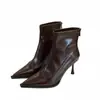 2025 Novas Botas de Inverno e Outono para Boate Discoteca Salto Agulha Bico Fino Slim Botas Femininas de Couro Macio Botas Curtas Brilhantes Sexy