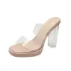 Zapatillas de cristal para mujer, calzado de verano para exteriores, sandalias de tacón alto transparentes de estilo hada francesa, tacón grueso, diseño de nicho, cómodas para los pies