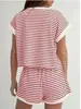 En Stock Primavera, Verano y Otoño Shein Amazon Aliexpress Tk Transfronterizo Europeo y Americano Conjunto de Camiseta a Rayas y Shorts de Punto