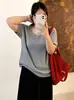 Camiseta de Punto Cuadrada de Manga Corta Simple para Mujer Talla Grande Mujer 2026 Invierno MM Gordita Top Casual Versátil Capa Interior