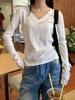 Camiseta interior blanca con cuello en V para mujer, otoño e invierno, holgada, corta, de color liso, ajustada, de manga larga, 2024