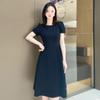 Vestido elegante de verano 2024 para mujer, estilo A, con cuello redondo, cintura francesa y mangas cortas abullonadas.