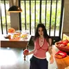 Camisola de Encaje a Cuadros Amarillo Dopamina Ropa Exterior de Mujer Verano Tailandesa Sexy Tubo con Cuello en V Arriba Es Hermoso