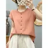 Blusa de gaze dupla simples e elegante com gola de renda para mulheres, roupa feminina de algodão de corte solto ultraconfiável
