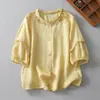 Camisa de linho com gola de renda bordada para mulheres, estilo verão, modelagem solta, top de algodão e linho de manga curta
