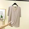 Camiseta Modal Nova de Verão com Fenda e Manga Curta Feminina Nova de Verão Solta Decote V Decote Redondo Camada Base Manga Meia