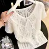 Blusa de Punto Elegante Blanca con Cuello en V y Diseño Hueco para Mujer, Nuevo Estilo Verano 2026, Versátil Hermosa Blusa Casual Petite