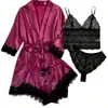 Pijamas transfronteiriços femininos de verão coloridos plus size europeus e americanos pijamas sexy com alças finas renda conjunto de quatro peças atacado