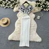 Vestido de Punto Estampado Estilo Étnico Retro con Cuello en V para Mujer en Verano, Aspecto Adelgazante, Falda Larga Real y Femenina