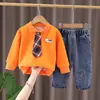 Conjunto de Primavera y Otoño para Niños Camisa POLO de Manga Larga Jeans Conjunto de Dos Piezas Corbata de Dibujos Animados Casual para Bebé Ropa Infantil de Moda