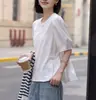 Camiseta Feminina de Verão Estilo Preguiçoso com Gola Redonda, Manga Bufante, Barra em Patchwork, Solta, Emagrecedora, Elegante e Fashion, Top de Alta Qualidade