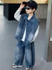 Traje de Mezclilla para Niños de Primavera y Otoño, Estilo Coreano, Conjunto Elegante y Moderno de Chaleco de Tres Piezas para Niños, Ropa de Comercio Exterior para Niños Pequeños
