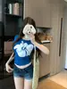 Camiseta de Manga Corta Ajustada con Estampado Floral Azul para Mujer, Nuevo Estilo de Verano, Estilo Chica Caliente, Ceñida a la Cintura, Adelgazante, Crop Top Corto