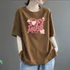 Camiseta rosa de manga corta para mujer, corte holgado, imitación algodón, nuevo estilo verano 2024, talla grande, longitud media, estilo coreano, top casual de cuello redondo