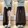 Calça Reta de Chenille Cor de Café para Mulheres, Outono e Inverno, Cintura Alta, Petite, Fluida, Casual, Solta, Calça Wide-Leg com Forro de Lã
