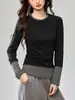 # Camiseta de Algodão Penteado Número 40 # Listras de Emenda Projetadas Falso Duas Peças Manga Longa Camiseta Feminina Camisa de Base Outono Top Exterior