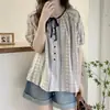 Camisa Floral com Manga Bufante e Laço para Mulheres, Moda Feminina Estilo Europeu Novo Verão 2026, Blusa Jacquard Gentil Tendência