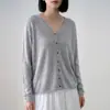 Cardigã de Tricô Feminino, Nova Coleção Outono/Inverno 2026, Linho Tencel, Gola V, Manga Longa, Cor Sólida, Barra Rebatida