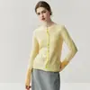 Cárdigan de Punto para Otoño e Invierno, Lujo Ligero, Bloques de Color, Versátil, Cuello Redondo, Elegante, Artístico, Cachemira, Amarillo Limón