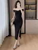 Vestido de noche asimétrico retorcido, femenino vestido midi bodycon ajustado asimétrico con abertura, elegante y estilizado vestido negro