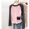 Playera Raglán Corta de Manga Larga para Mujer, Diseño de Primavera y Otoño, Nicho Persona Pequeña, Hombro Derecho, Top Holgado con Color en Contraste que Moldea la Figura, a la Moda