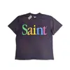 Camiseta de Manga Corta Negra con Estampado de Letras Apiladas, Dibujos Antiguos Vintage de San Miguel Cho