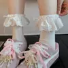 Meias com Laço de Renda de Algodão Estilo Lolita Meias Largas para Mulheres Verão e Outono Estilo Ballet Meias Sem Costura Meias Brancas de Cano Médio