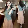 Nuevo Top de Mezclilla con Falda de Malla Estilo Pastel para Mujer, con Cuello Polo y Diseño de Manga Abullonada, Vestido Largo Adelgazante de Dos Piezas