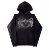 Moletom com capuz preto desfiado INS transfronteiriço, estilo moda personalidade, com estampa, top pullover solto retrô americano