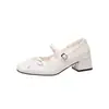 Zapatos de mujer versátiles de moda retro francesa, nuevo estilo primavera 2026 con lazo y falda, zapatos de cuero poco profundos con tacón grueso