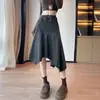 Falda midi de mezclilla irregular para mujer, estilo otoño vintage old money, falda retro de cintura alta entallada línea A
