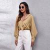 Camisa de manga larga con solapa de color liso para mujer, camisa de gasa con mangas abullonadas grandes y explosiones SMT, comercio exterior transfronterizo