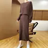 Novo Suéter de Malha Gola Redonda 100% Lã Outono e Inverno Feminino Solto Casual Saia Reta Suit de Caxemira