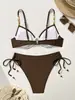 Traje de baño bikini de dos piezas con sujetador push-up, color liso, cierre de tiras, traje de baño de cintura alta, comercio exterior europeo y americano, traje de baño sexy para mujer