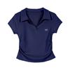 Camisa polo de ombro de algodão puro, camiseta de manga curta, feminina, verão, ajuste fino, cintura justa, design plissado, nicho, top curto bordado