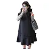 Moda Gestante Outono Inverno Novo Estilo Laço Top Interno Vestido com Babados de Camada Dupla Emagrecedor Esconde Barriga Conjunto Linha A