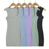 2653-26 Estilo Outono Versão Coreana Slim Fit Gola Trapézio Ombro Estreito Superfície Lisa Cintura Ajustada Sem Mangas Bodycon Mini Vestido